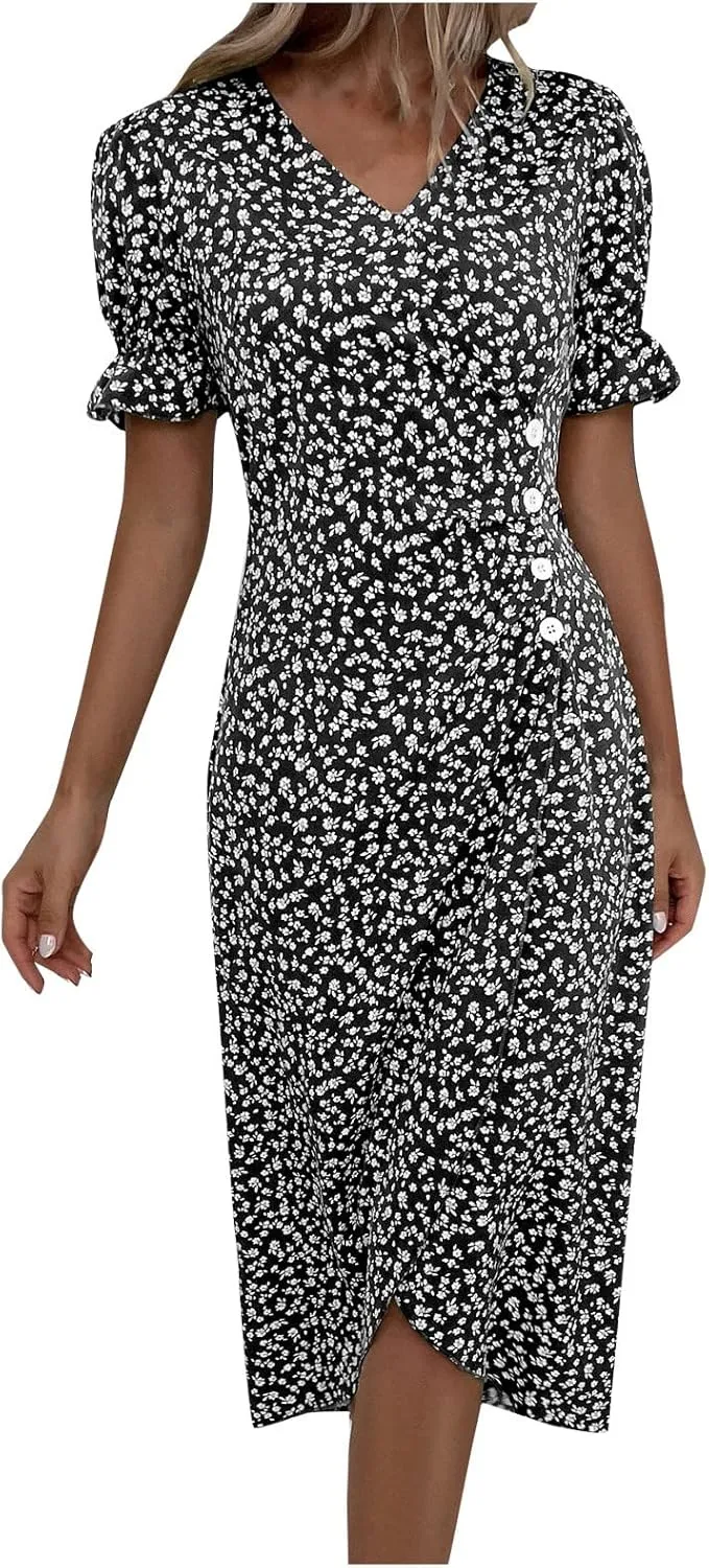 Floral Vacation Dresses for Women: Trendy V-Neck Ruched Short/Long Sleeve Dress - Casual Fashion for Spring/Summer