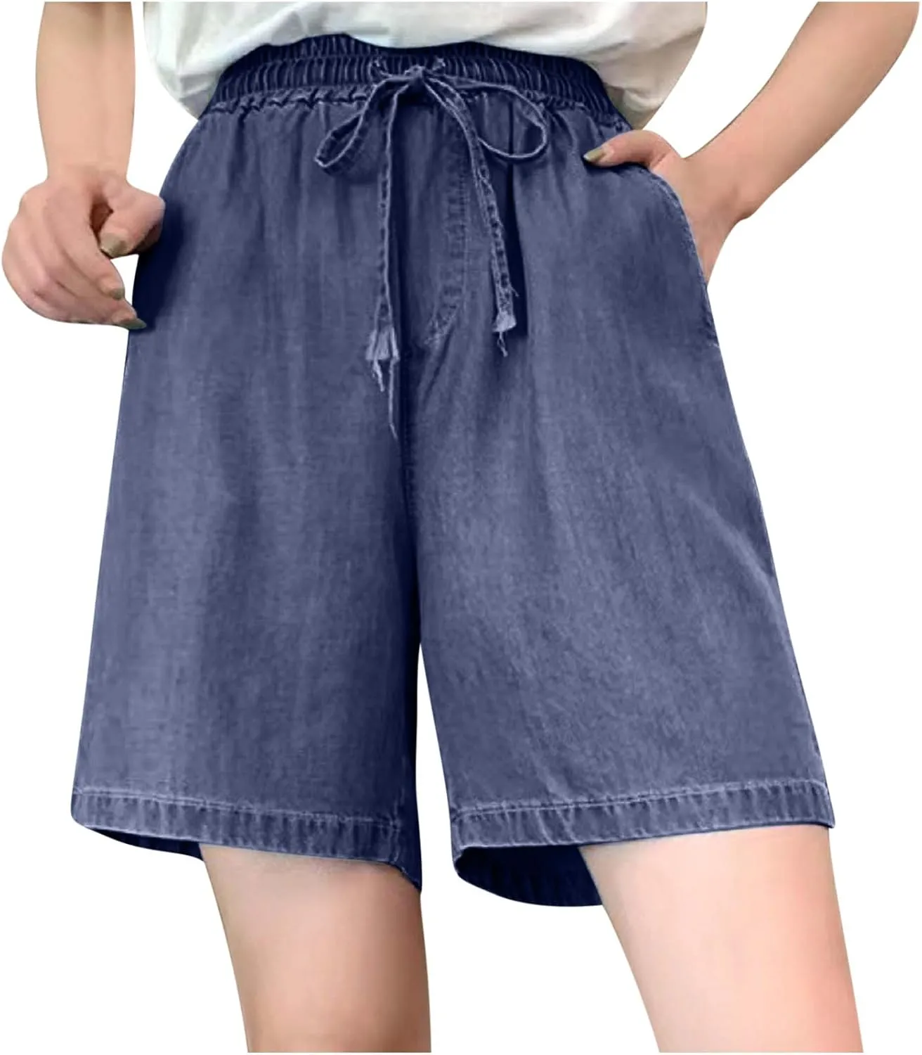 FZYLQY Bermuda Jean Shorts for Women High Waisted Lightweight Comfy Denim Shorts Casual Drawstring Elastic Waist Jean Shorts