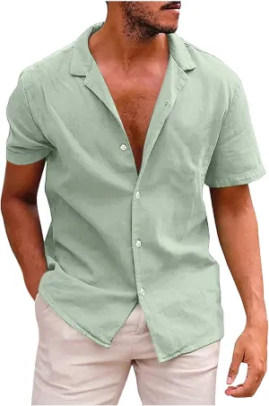 generic 2024 Mens Casual Cotton Linen Shirts Short Sleeve Hawaiian Beach Tshirt Men Summer Plus Size Button Tops with Pocket