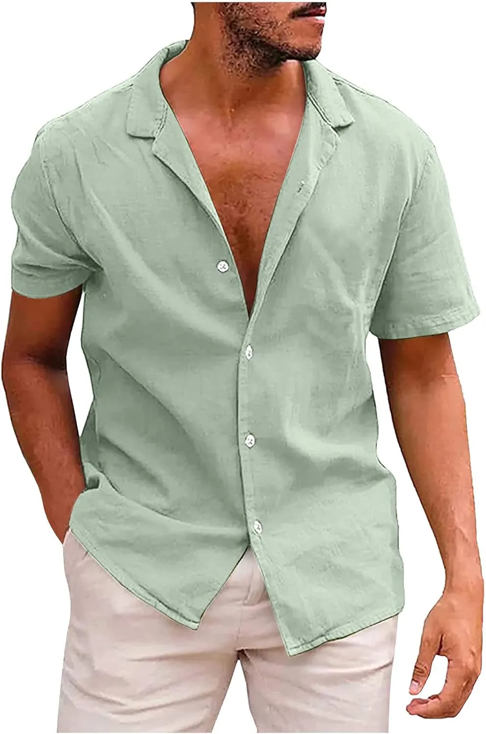 generic 2024 Mens Casual Cotton Linen Shirts Short Sleeve Hawaiian Beach Tshirt Men Summer Plus Size Button Tops with Pocket