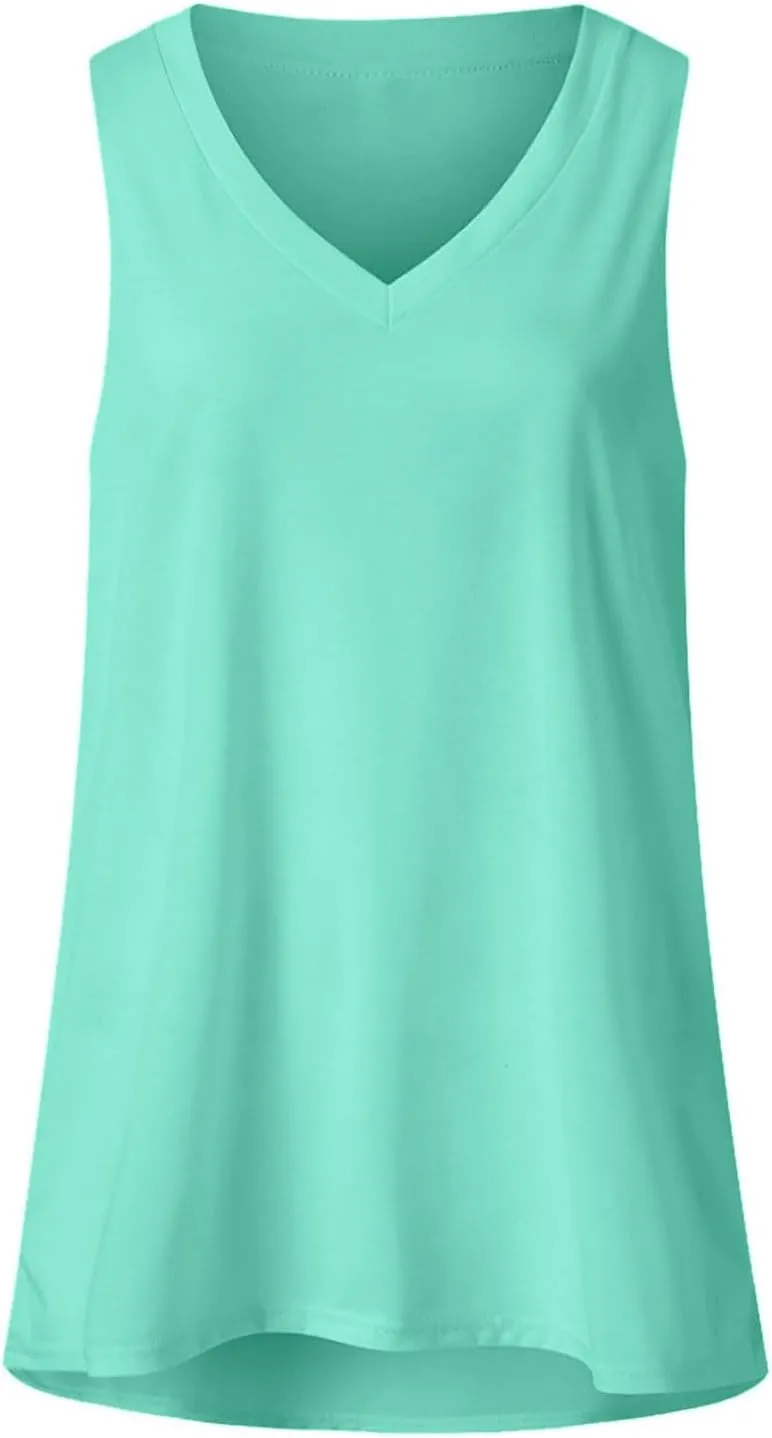 Generic Tank Tops for Women 2024 Summer V Neck Sleeveless Basic Tanks Loose Fit Flowy Shirts Casual Vacation Beach Blouses