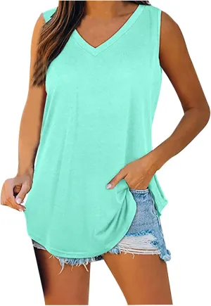 Generic Tank Tops for Women 2024 Summer V Neck Sleeveless Basic Tanks Loose Fit Flowy Shirts Casual Vacation Beach Blouses
