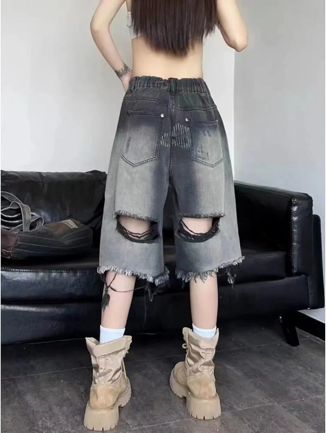 Gothic Distressed Denim Shorts Harajuku high Waisted Loose Fitting Shorts Hip-hop Tassels Wide Leg Casual Denim Shorts