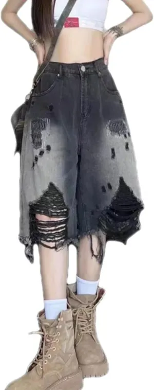 Gothic Distressed Denim Shorts Harajuku high Waisted Loose Fitting Shorts Hip-hop Tassels Wide Leg Casual Denim Shorts