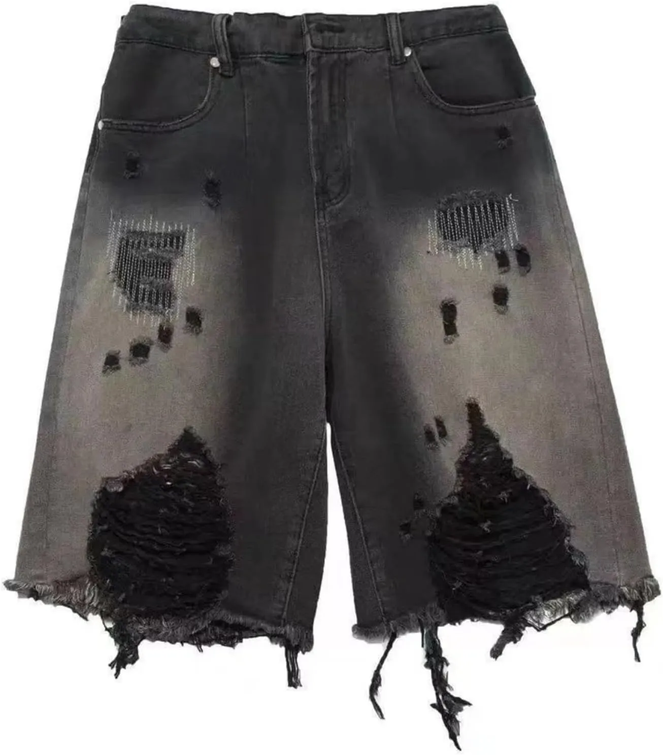 Gothic Distressed Denim Shorts Harajuku high Waisted Loose Fitting Shorts Hip-hop Tassels Wide Leg Casual Denim Shorts