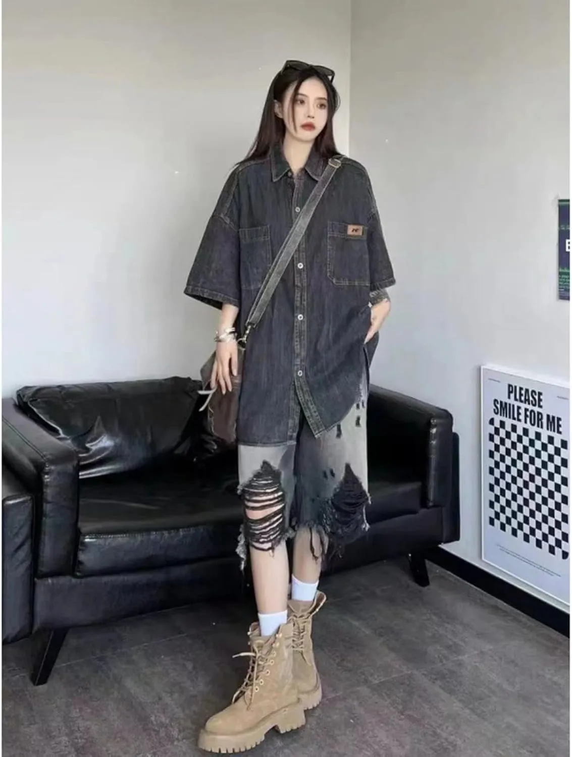 Gothic Distressed Denim Shorts Harajuku high Waisted Loose Fitting Shorts Hip-hop Tassels Wide Leg Casual Denim Shorts