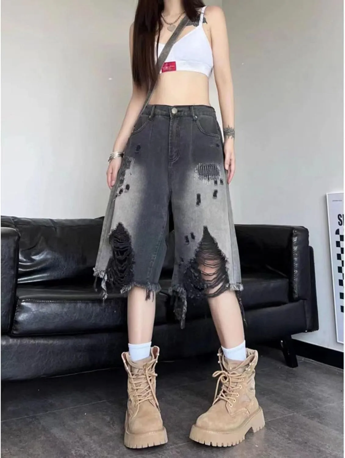 Gothic Distressed Denim Shorts Harajuku high Waisted Loose Fitting Shorts Hip-hop Tassels Wide Leg Casual Denim Shorts