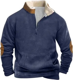Half Zip Pullover Men Stand Collar Color Block Shirt Quarter Zip Long-Sleeve Tops Stylish Trendy Blouses with Pocket