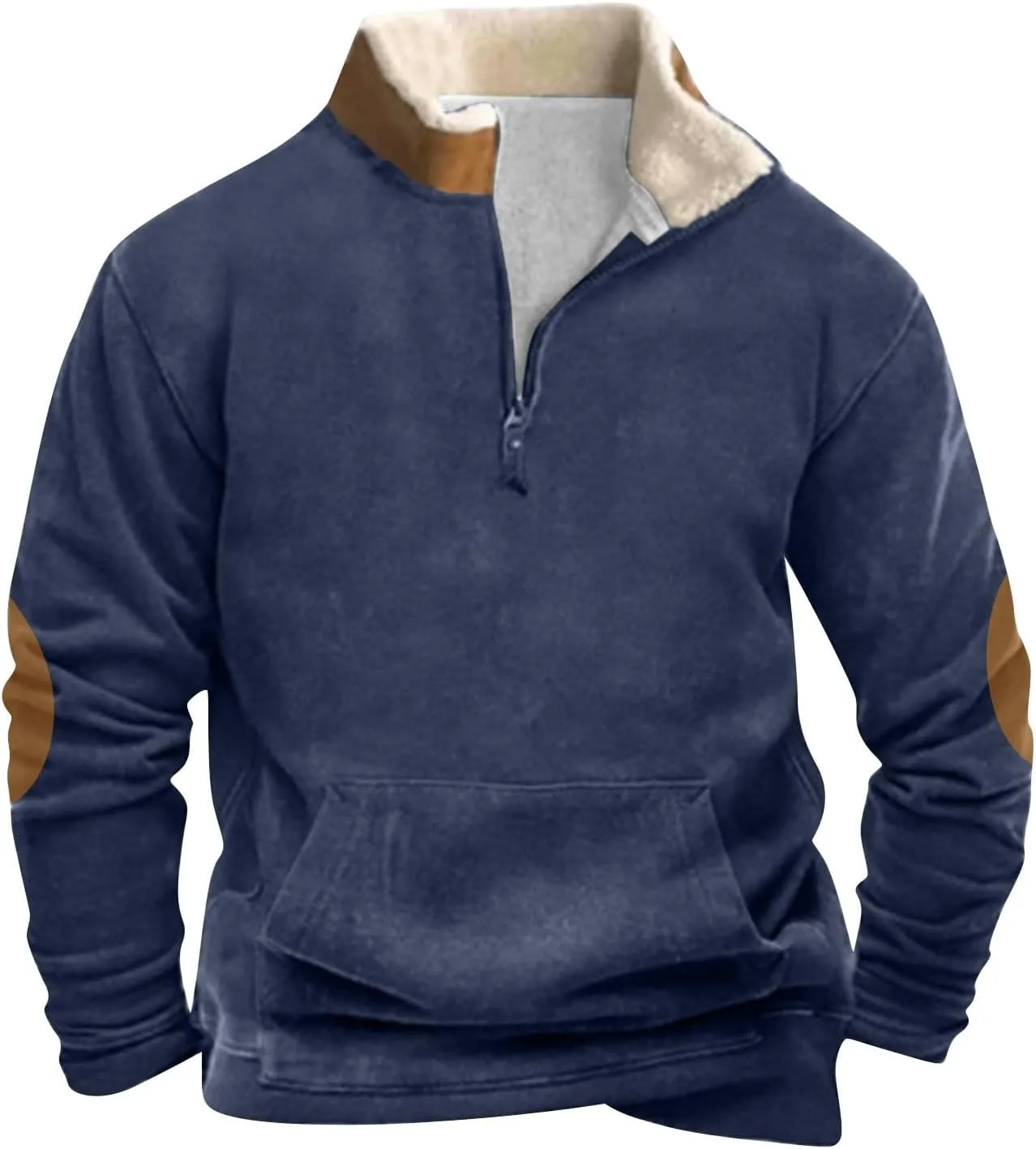 Half Zip Pullover Men Stand Collar Color Block Shirt Quarter Zip Long-Sleeve Tops Stylish Trendy Blouses with Pocket