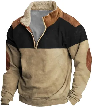 Half Zip Pullover Men Stand Collar Color Block Shirt Quarter Zip Long-Sleeve Tops Stylish Trendy Blouses with Pocket