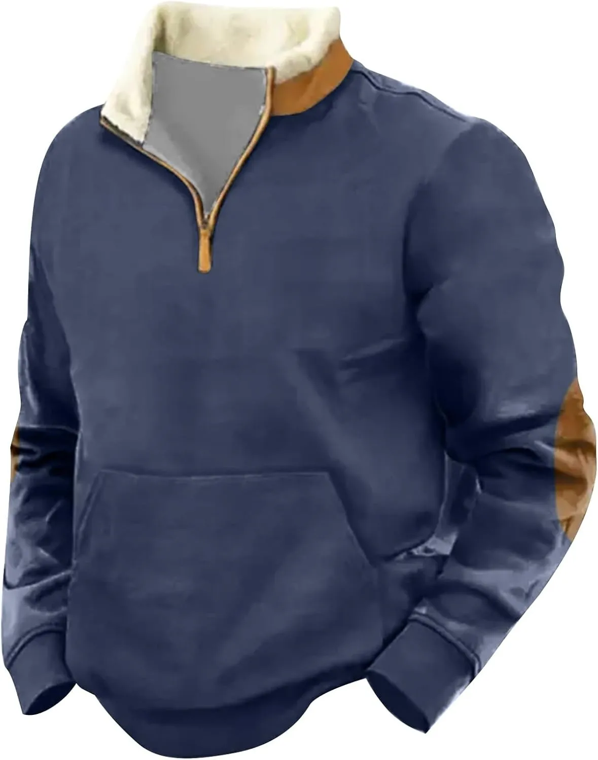 Half Zip Pullover Men Stand Collar Color Block Shirt Quarter Zip Long-Sleeve Tops Stylish Trendy Blouses with Pocket