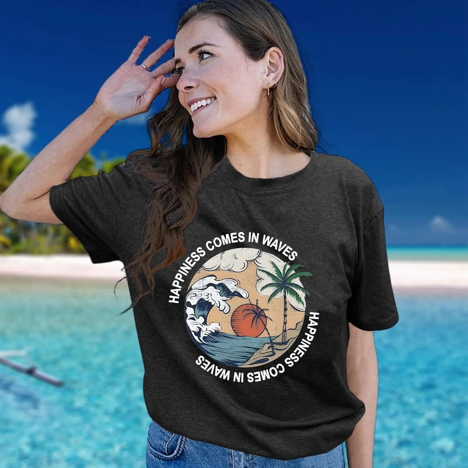 Hawaiian Shirts for Women Beach T-Shirt Tropical Graphic Tees Summer Vacation Happiness Comes in Waves Short Sleeve Tops