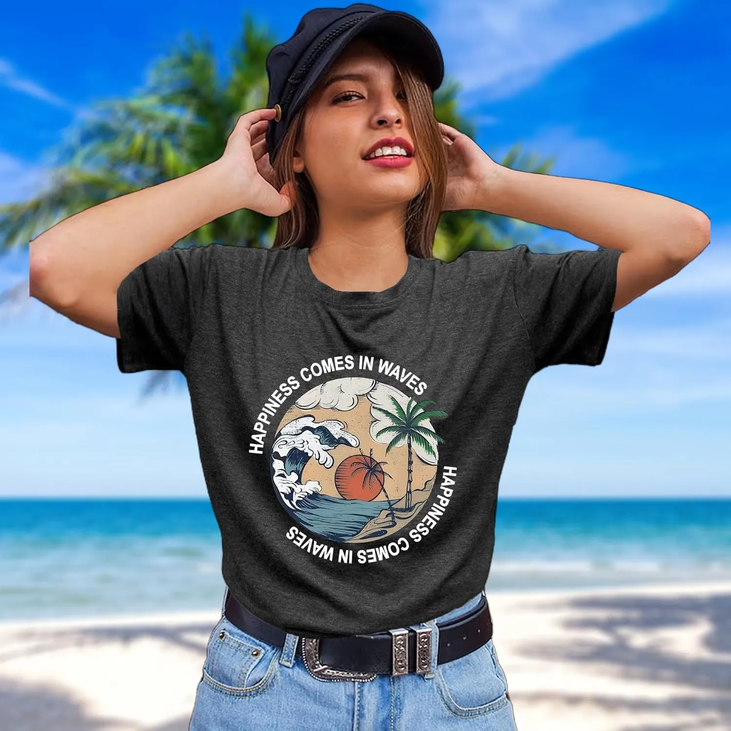 Hawaiian Shirts for Women Beach T-Shirt Tropical Graphic Tees Summer Vacation Happiness Comes in Waves Short Sleeve Tops