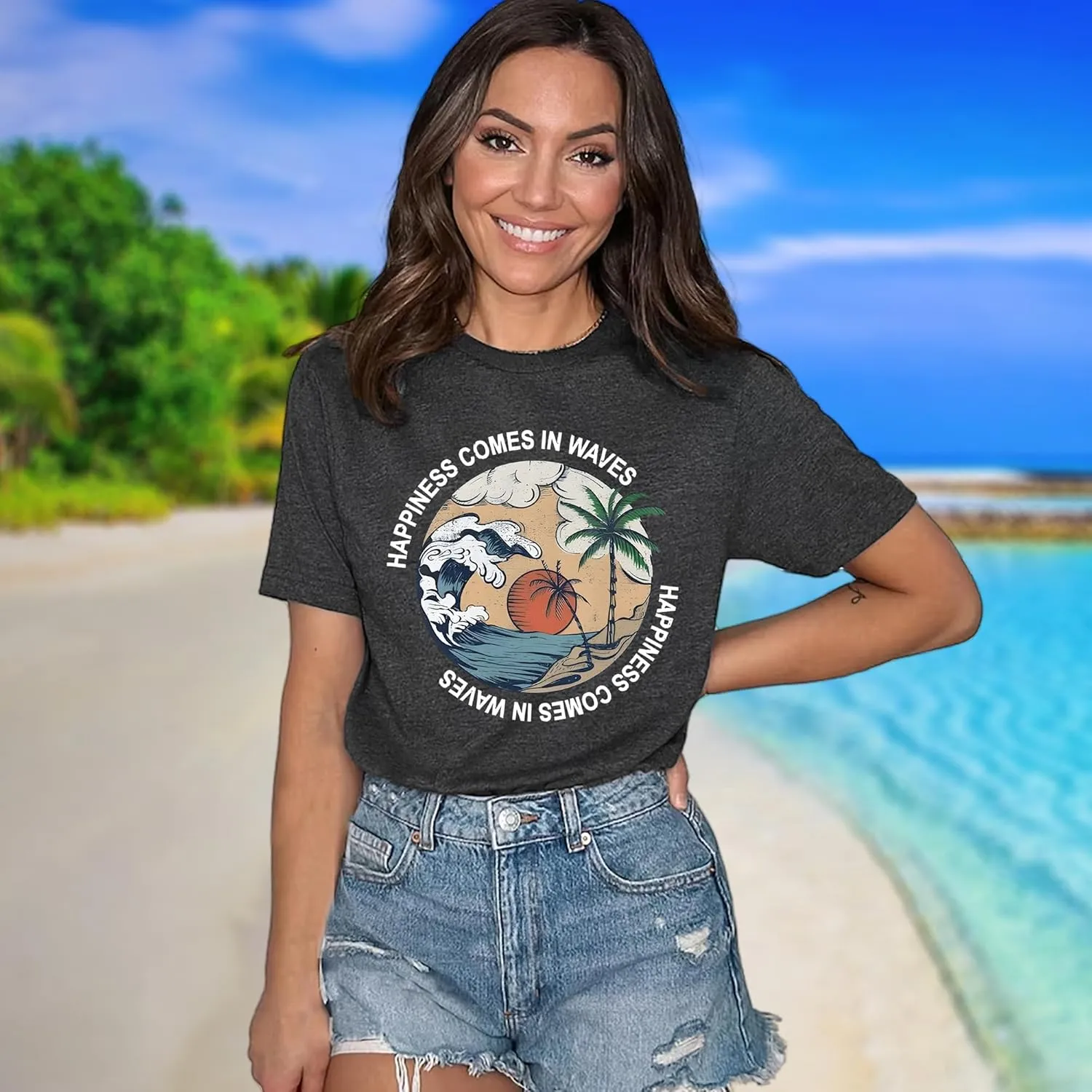 Hawaiian Shirts for Women Beach T-Shirt Tropical Graphic Tees Summer Vacation Happiness Comes in Waves Short Sleeve Tops