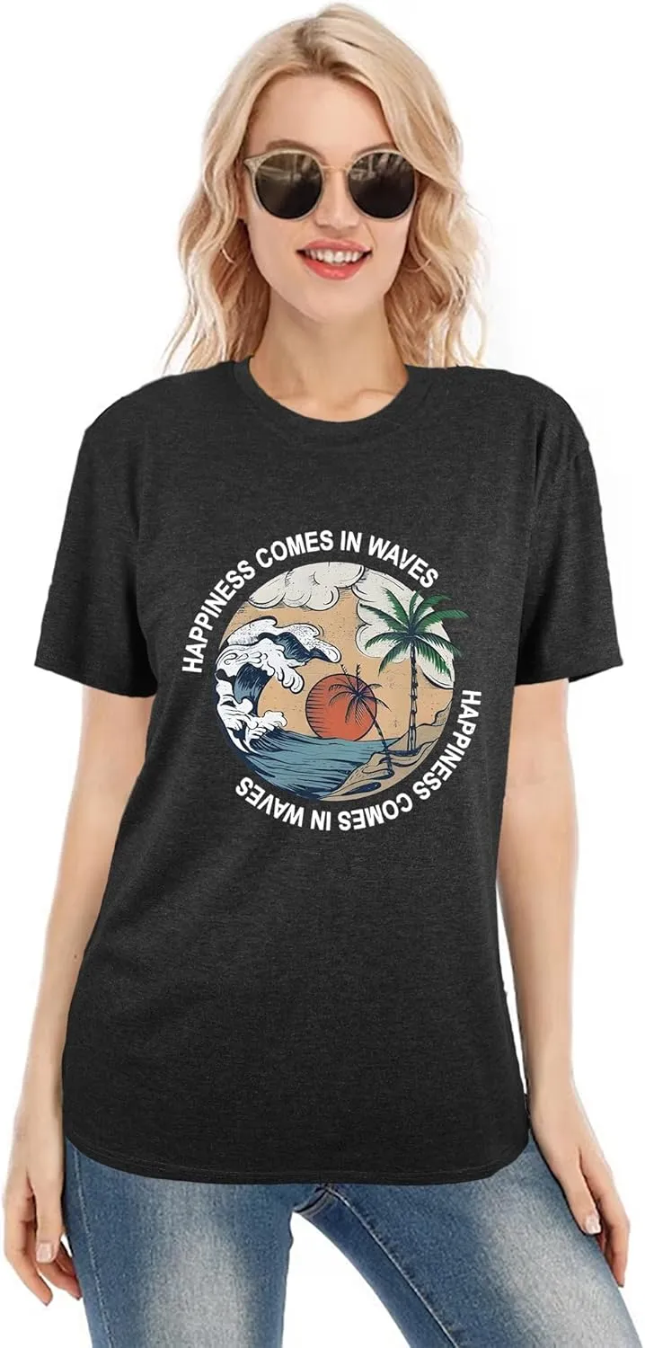 Hawaiian Shirts for Women Beach T-Shirt Tropical Graphic Tees Summer Vacation Happiness Comes in Waves Short Sleeve Tops