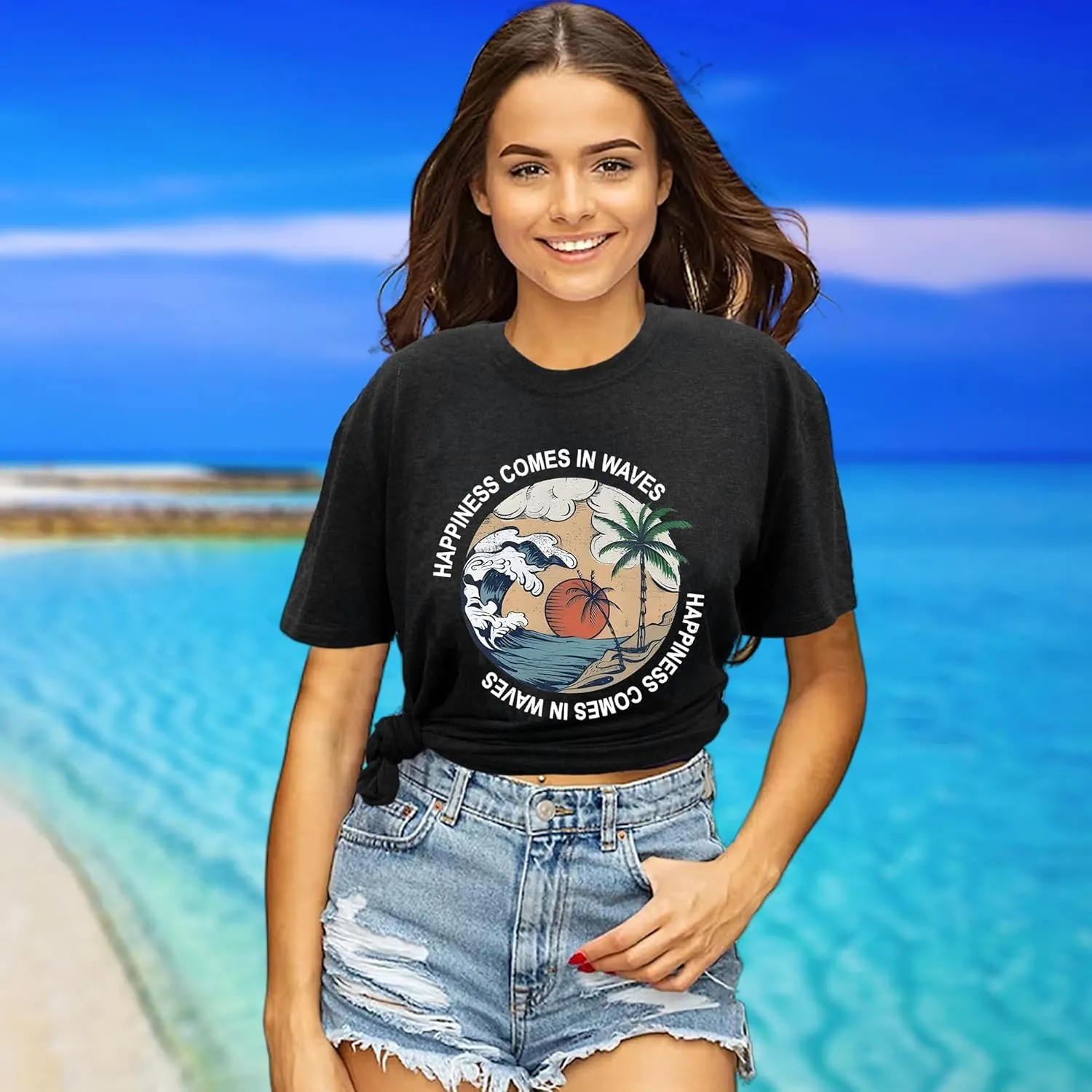 Hawaiian Shirts for Women Beach T-Shirt Tropical Graphic Tees Summer Vacation Happiness Comes in Waves Short Sleeve Tops