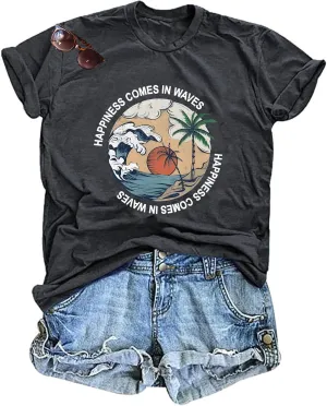 Hawaiian Shirts for Women Beach T-Shirt Tropical Graphic Tees Summer Vacation Happiness Comes in Waves Short Sleeve Tops