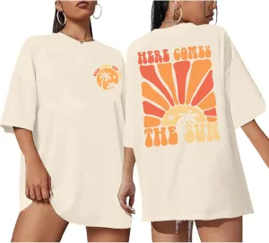 Hawaiian Sunshine Beach Shirts Oversized Graphic Tees for Women Here Comes The Sun Tshirt Tropical Hawaii Shirt