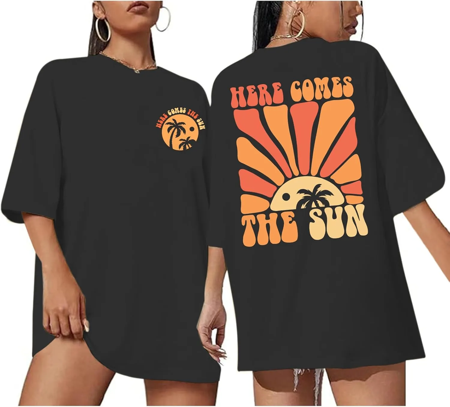 Hawaiian Sunshine Beach Shirts Oversized Graphic Tees for Women Here Comes The Sun Tshirt Tropical Hawaii Shirt