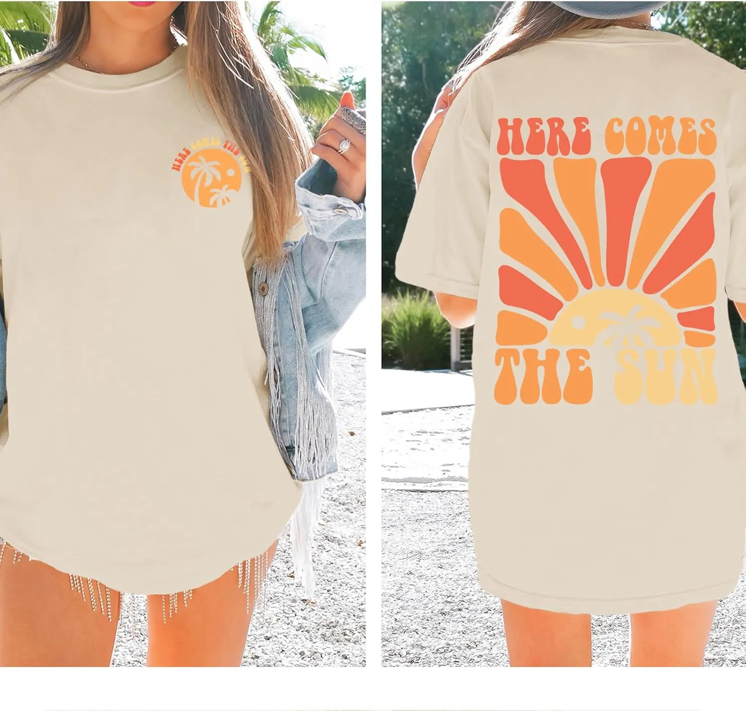 Hawaiian Sunshine Beach Shirts Oversized Graphic Tees for Women Here Comes The Sun Tshirt Tropical Hawaii Shirt