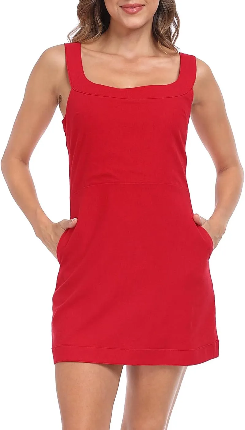 HDE Women's Linen Mini Dress Sundress Sleeveless Summer Dresses with Pockets