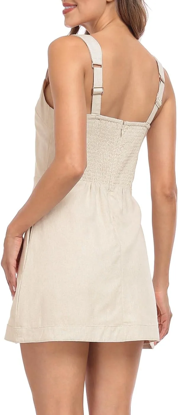 HDE Women's Linen Mini Dress Sundress Sleeveless Summer Dresses with Pockets