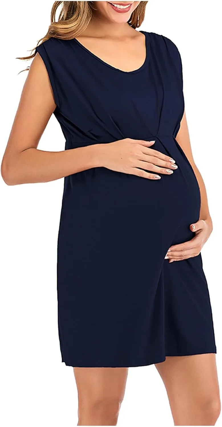 HGps8w Women's Maternity Dress Casual Loose Fit V Neck Sleeveless Ruffle Tank Soft Pregnancy Clothes