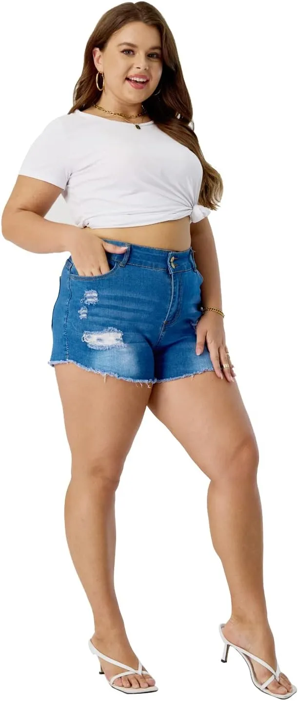 HUNGSON Plus Size Denim Shorts Women High Waisted Stretch High Waisted Distressed Denim Shorts