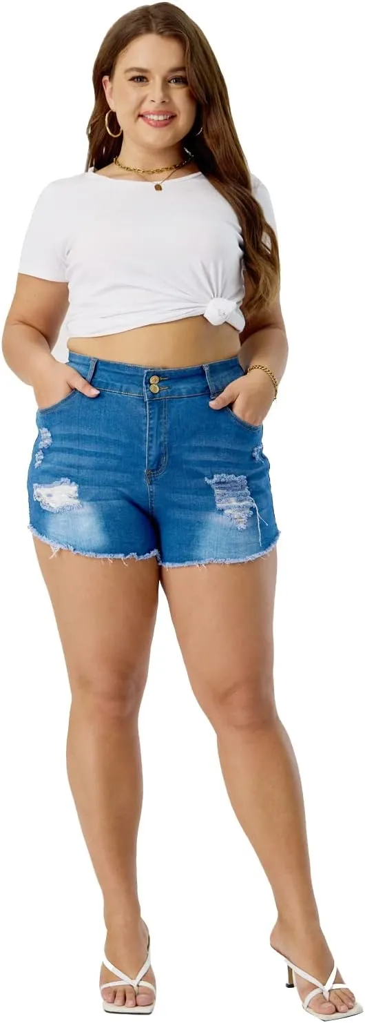 HUNGSON Plus Size Denim Shorts Women High Waisted Stretch High Waisted Distressed Denim Shorts