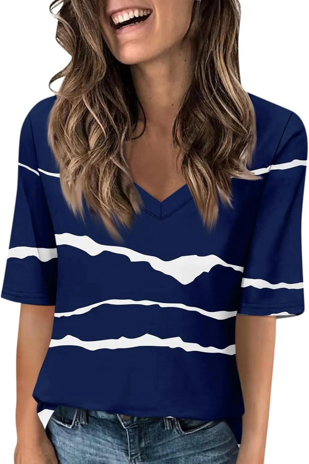 HXHYQKP Elbow Length Tops for Women V Neck T Shirts Casual Half Sleeve Tops Basic Summer Tees