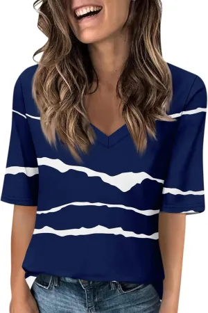 HXHYQKP Elbow Length Tops for Women V Neck T Shirts Casual Half Sleeve Tops Basic Summer Tees