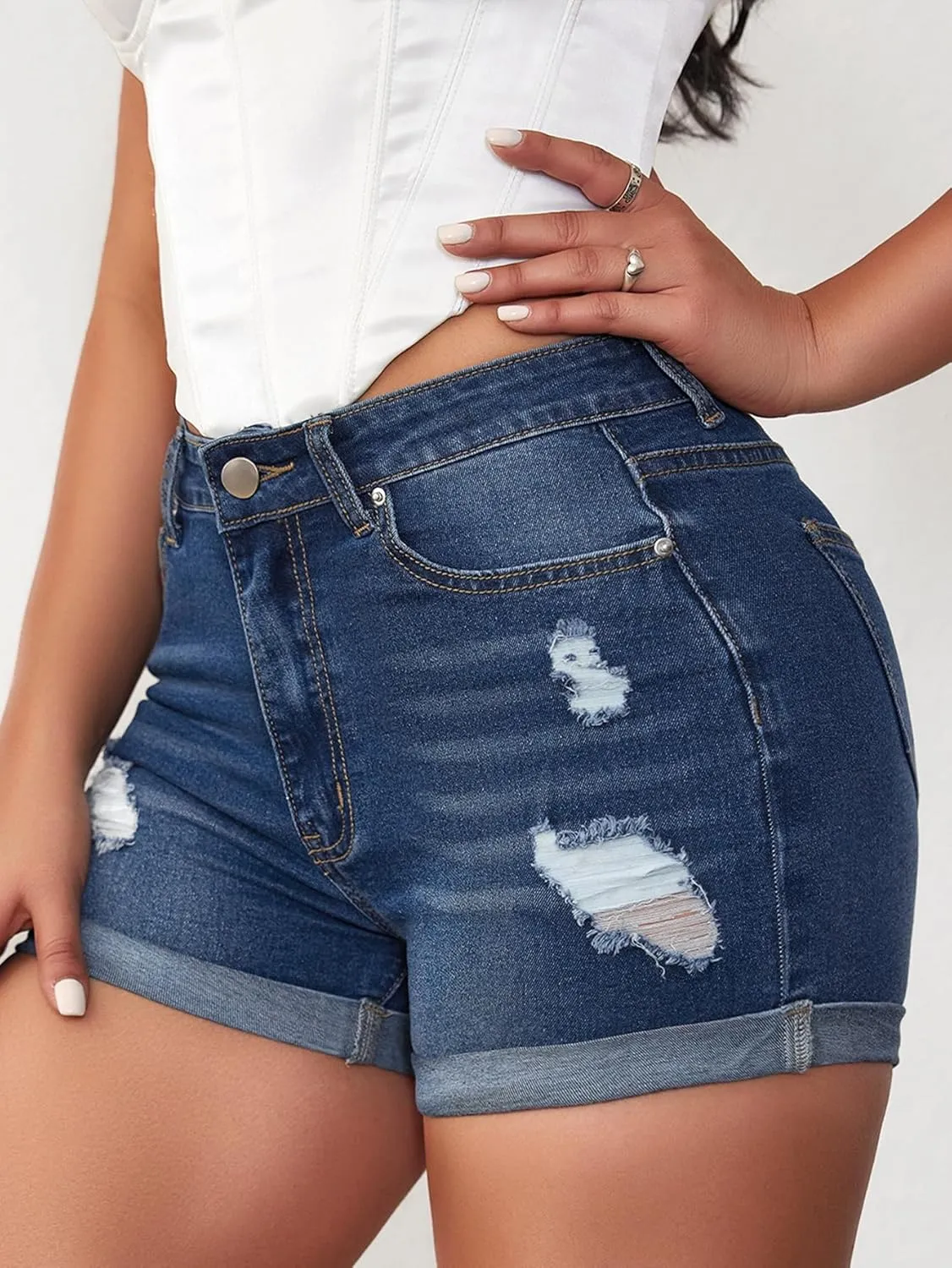 Jean Shorts Womens High Waisted Stretchy Ripped Denim Shorts Casual Distressed Multi Pockets Denim Shorts
