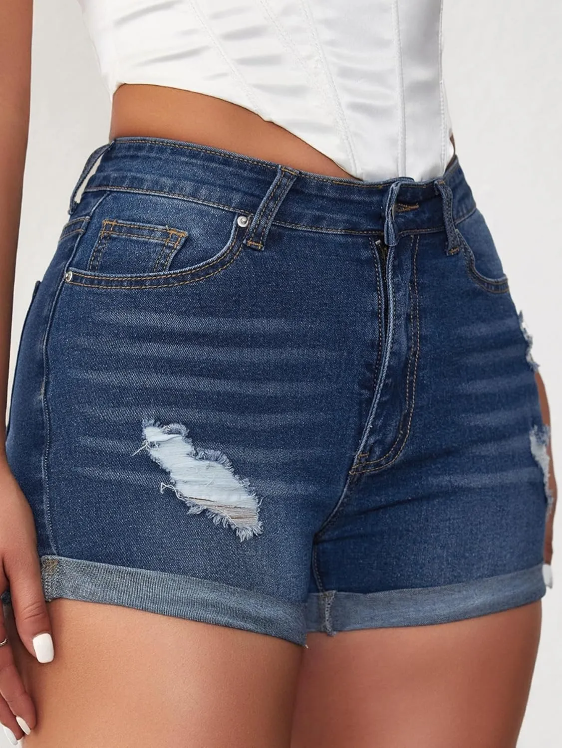 Jean Shorts Womens High Waisted Stretchy Ripped Denim Shorts Casual Distressed Multi Pockets Denim Shorts