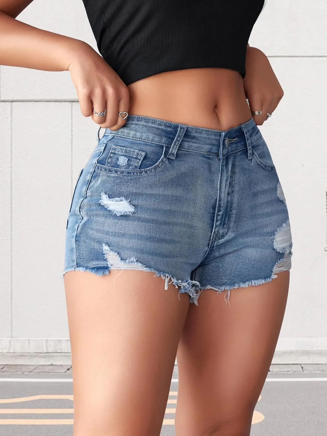 Jean Shorts Womens High Waisted Stretchy Ripped Denim Shorts Casual Distressed Multi Pockets Denim Shorts