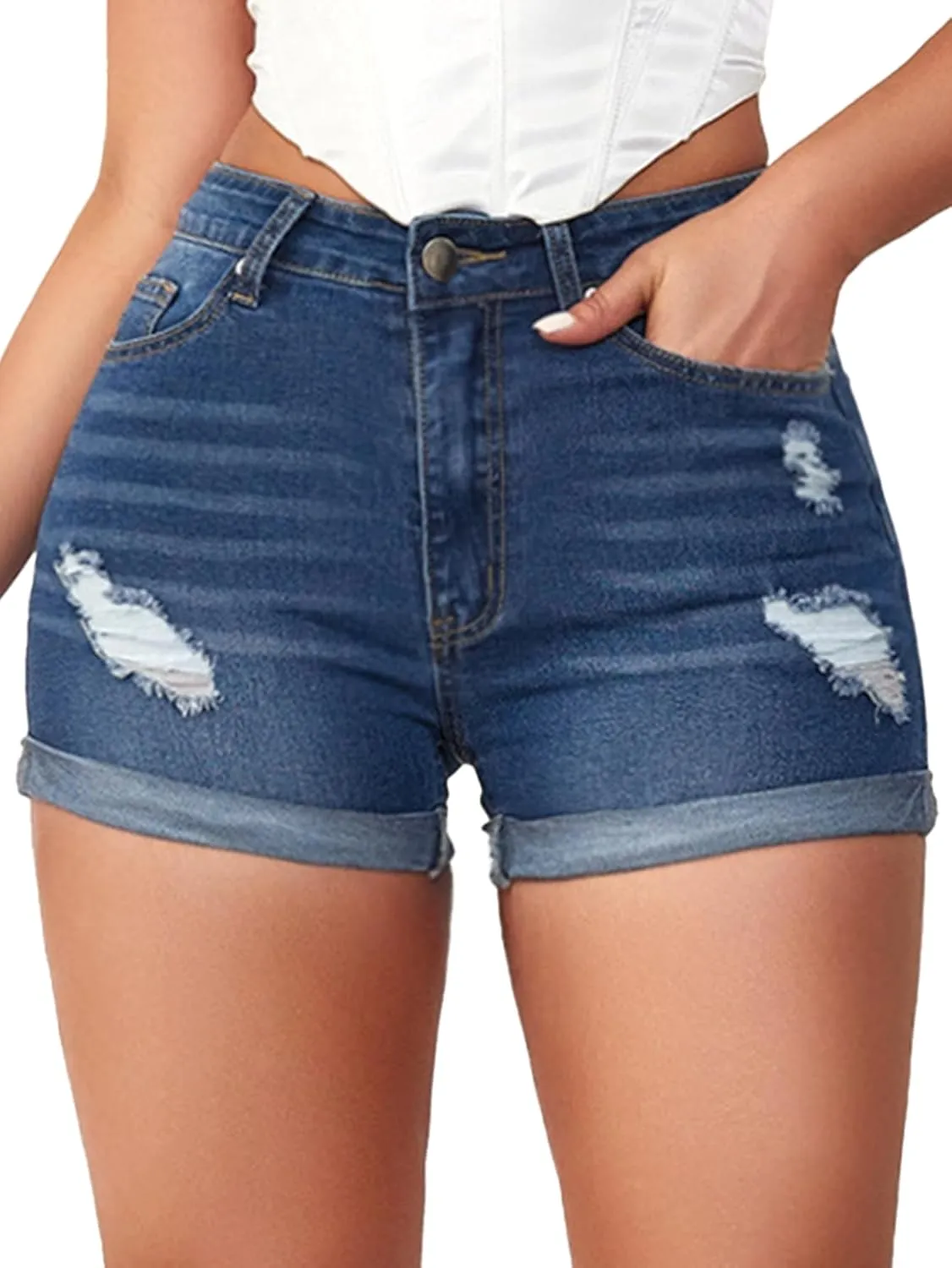 Jean Shorts Womens High Waisted Stretchy Ripped Denim Shorts Casual Distressed Multi Pockets Denim Shorts