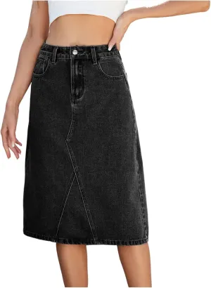 Jean Skirts for Women Summer Casual Denim High Waisted Midi Pencil Skirt Back Slit Below Knee Skirts with Pockets
