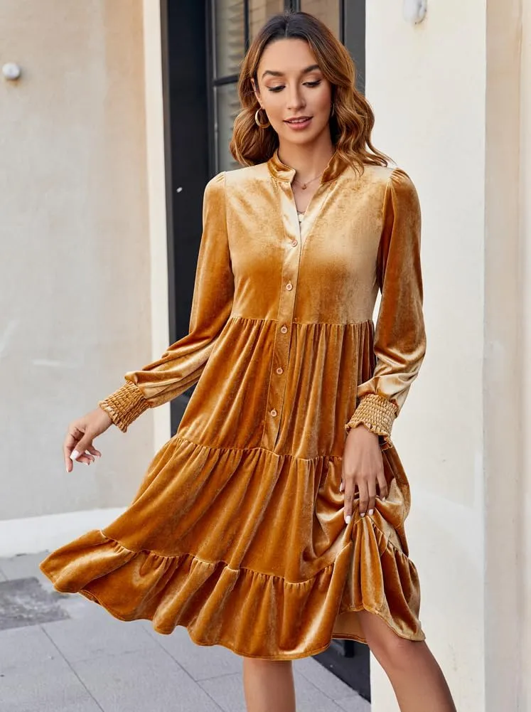 Kedera Women's Elegant Velvet Dress V Neck Tiered Babydoll Aline Flowy Formal Wedding Bridesmaid Dresses