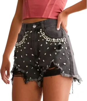 Kedera Women's Rhinestone High Waist Denim Shorts Distressed Stretch Denim Shorts Frayed Ripped Jeans Shorts