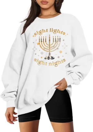 KIDDAD Hanukkah Sweater Women Ugly Chanukah Sweaters Jewish Light Up Menorah Sweatshirt Happy Eight Night Holiday Xmas Tops