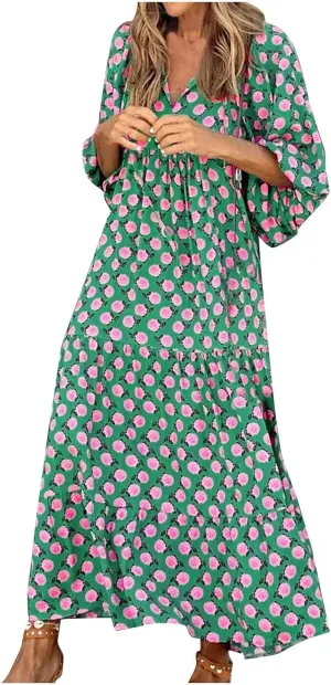 Kubbon Flowy Dresses for Women Boho Printed Maxi Dresses Casual V Neck Puff Sleeve Sundress Loose Beach Dress Fashion Clothes
