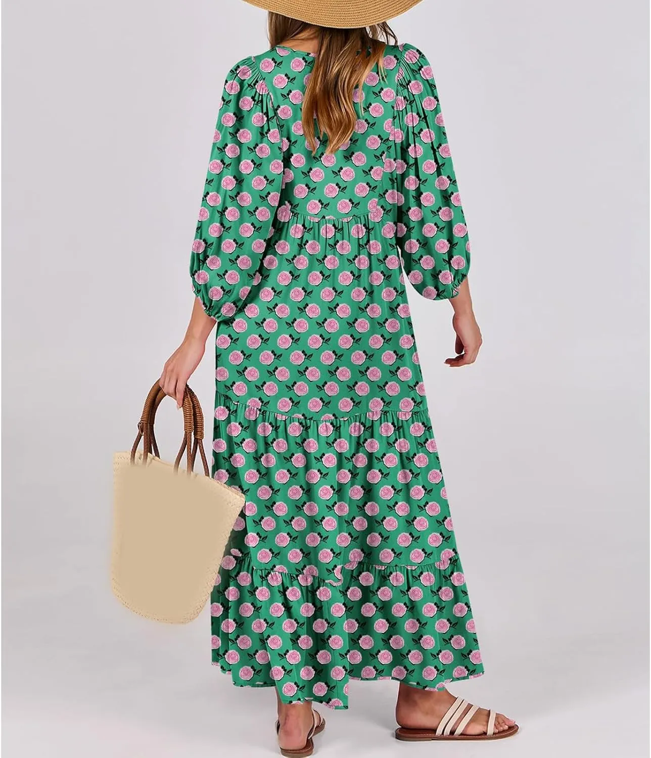 Kubbon Flowy Dresses for Women Boho Printed Maxi Dresses Casual V Neck Puff Sleeve Sundress Loose Beach Dress Fashion Clothes