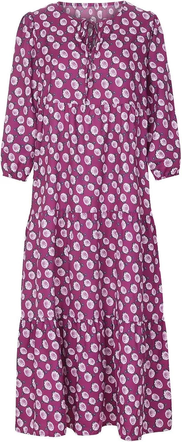 Kubbon Flowy Dresses for Women Boho Printed Maxi Dresses Casual V Neck Puff Sleeve Sundress Loose Beach Dress Fashion Clothes