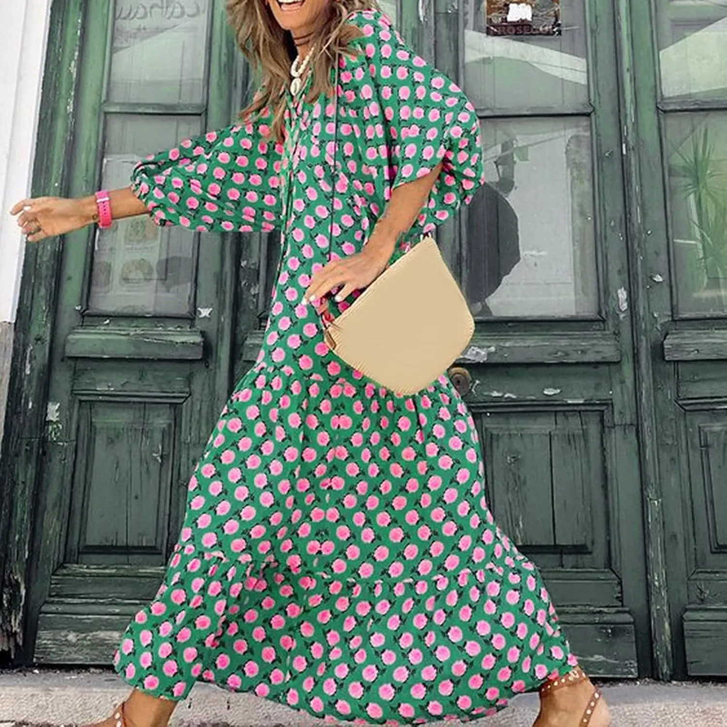 Kubbon Flowy Dresses for Women Boho Printed Maxi Dresses Casual V Neck Puff Sleeve Sundress Loose Beach Dress Fashion Clothes