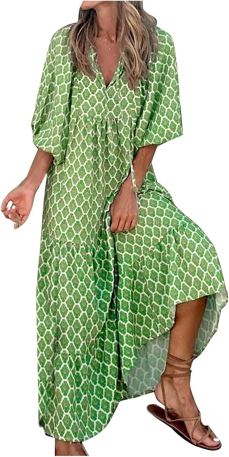 Kubbon Flowy Dresses for Women Boho Printed Maxi Dresses Casual V Neck Puff Sleeve Sundress Loose Beach Dress Fashion Clothes