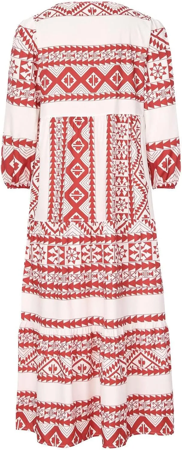 Kubbon Flowy Dresses for Women Boho Printed Maxi Dresses Casual V Neck Puff Sleeve Sundress Loose Beach Dress Fashion Clothes