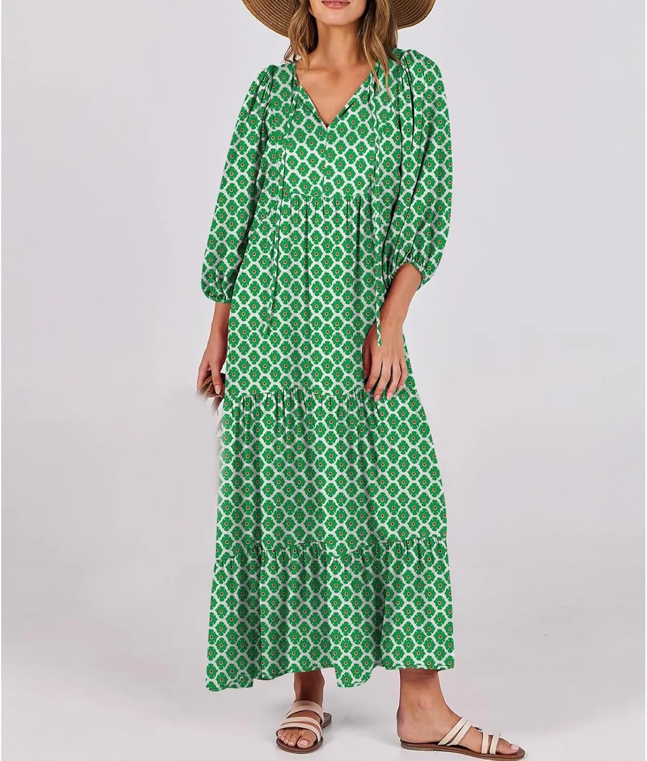 Kubbon Flowy Dresses for Women Boho Printed Maxi Dresses Casual V Neck Puff Sleeve Sundress Loose Beach Dress Fashion Clothes