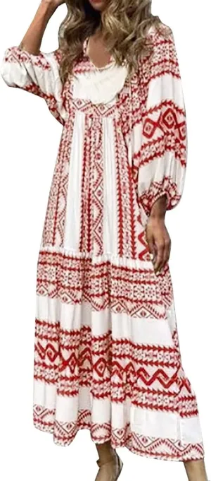 Kubbon Flowy Dresses for Women Boho Printed Maxi Dresses Casual V Neck Puff Sleeve Sundress Loose Beach Dress Fashion Clothes