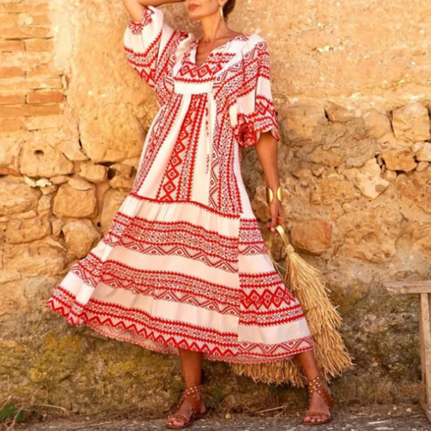 Kubbon Flowy Dresses for Women Boho Printed Maxi Dresses Casual V Neck Puff Sleeve Sundress Loose Beach Dress Fashion Clothes