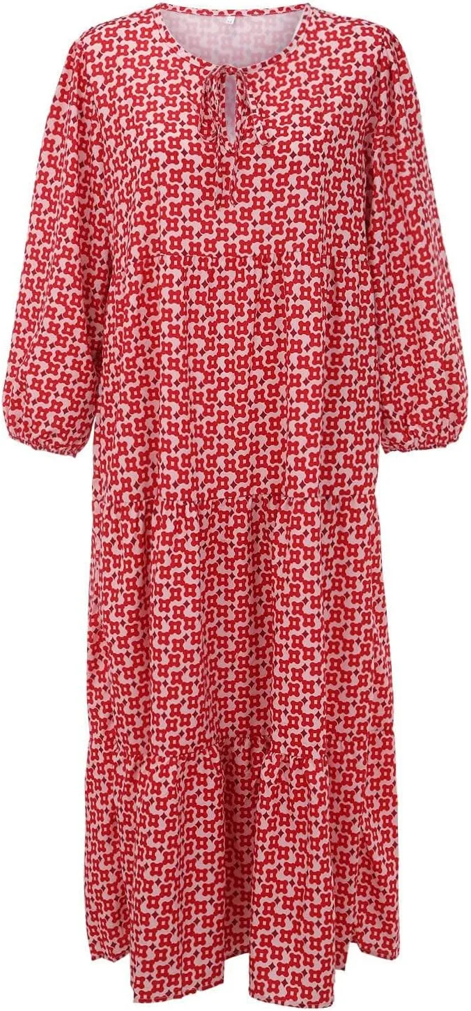 Kubbon Flowy Dresses for Women Boho Printed Maxi Dresses Casual V Neck Puff Sleeve Sundress Loose Beach Dress Fashion Clothes
