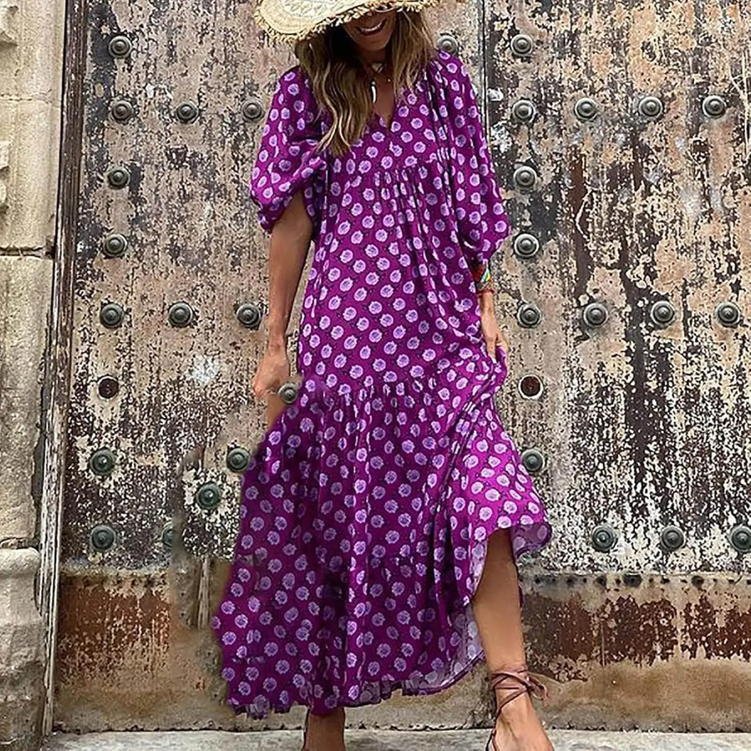 Kubbon Flowy Dresses for Women Boho Printed Maxi Dresses Casual V Neck Puff Sleeve Sundress Loose Beach Dress Fashion Clothes